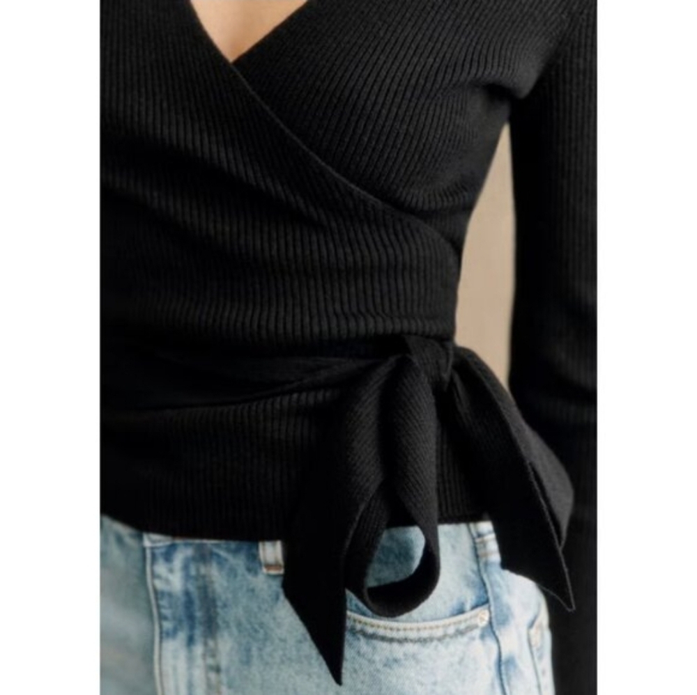 SÉZANE Leonore Noir Black Ribbed Knit Wrap V Neck Sweater  Reversible XS NWT